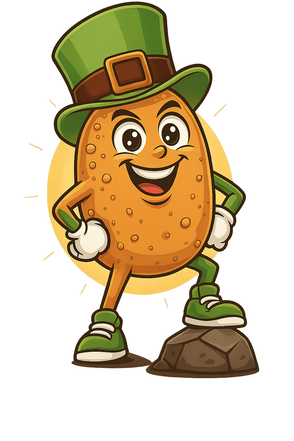 Potato mascot standing on a rock at the finish