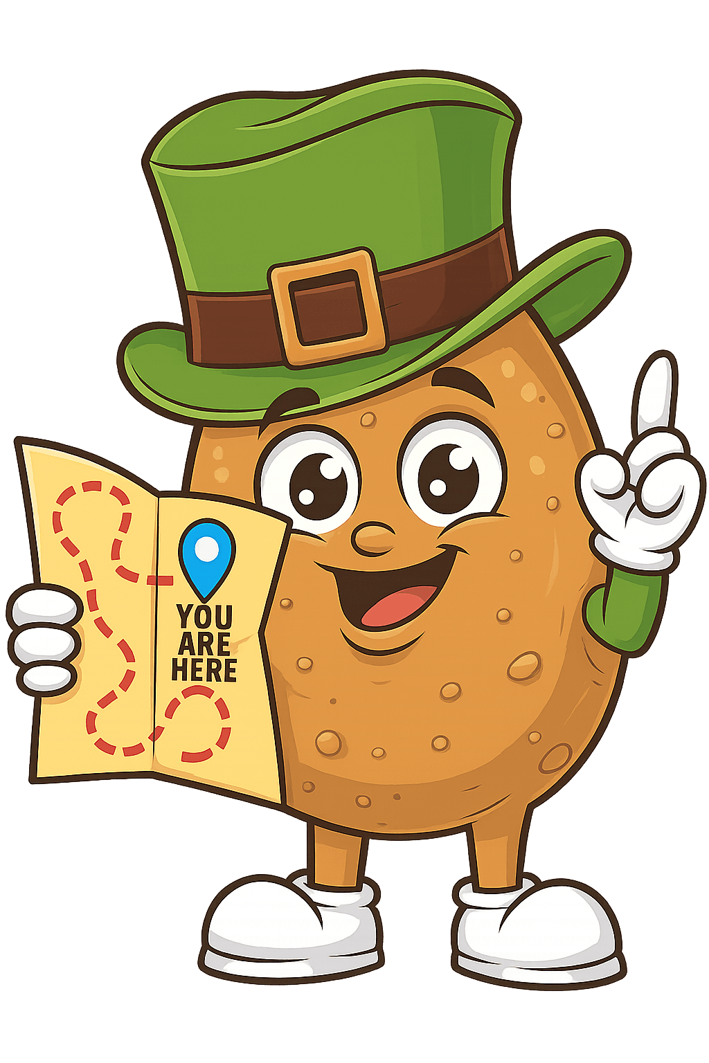 Potato mascot holding a map and pointing ahead