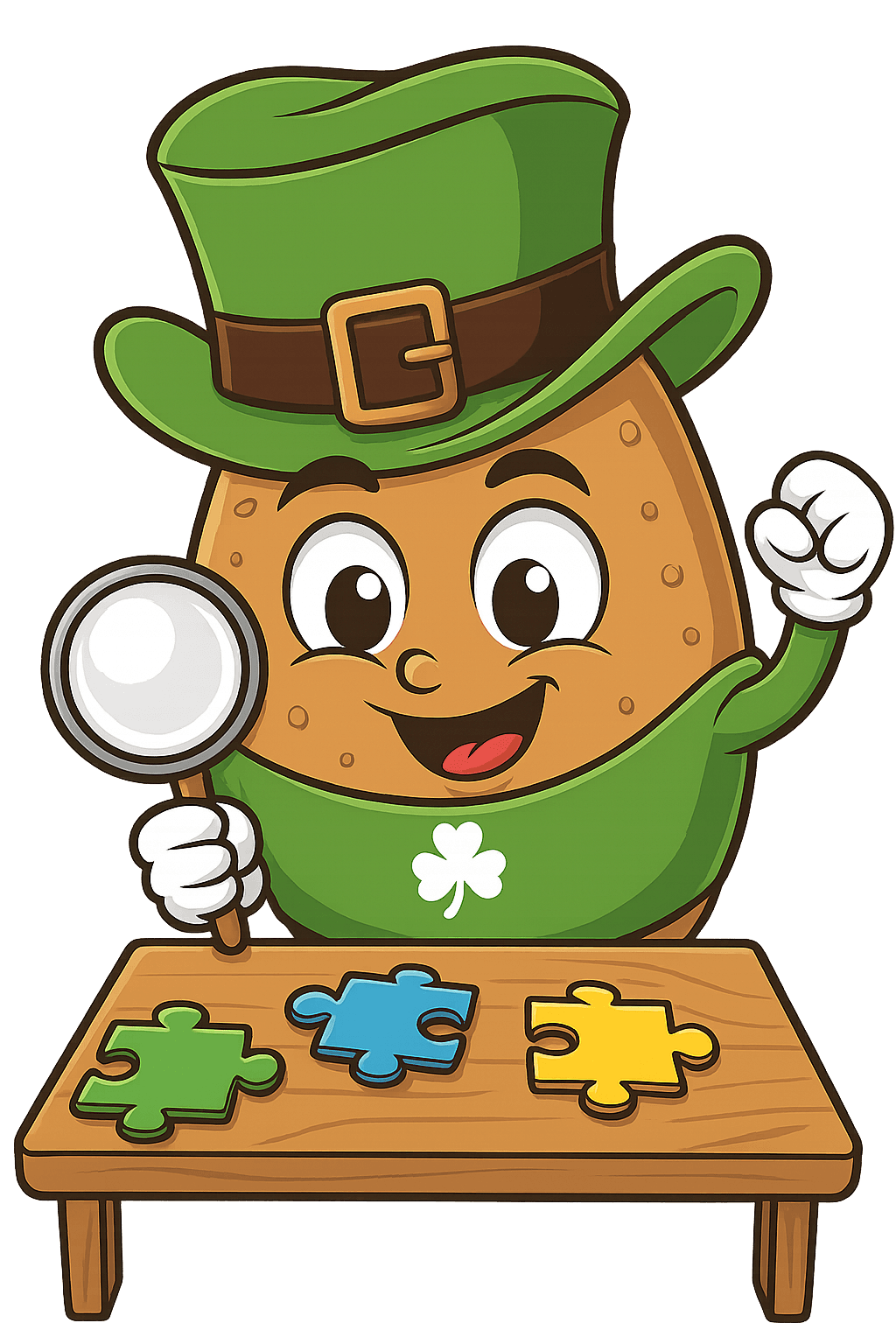 Potato mascot examining a puzzle with a magnifying glass