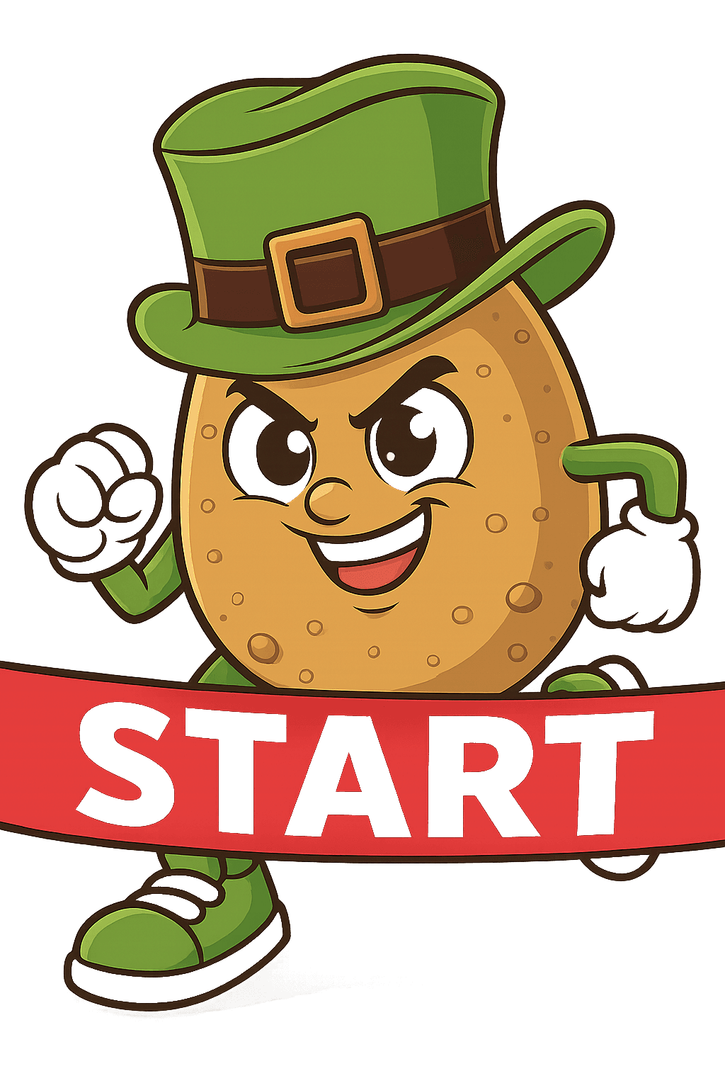 Potato mascot bursting through a START ribbon